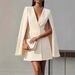 Double-Breasted Cape Dress – Polyester-Spandex Blend, V-Neck Office Wear, Versatile Fall Layering For Women_ecoleips.com