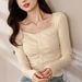 2025 #Craftsmanship Selection # Thin Velvet Unique Design Drawn Square Neck T-Shirt Women's Long Sleeve 2025 Autumn/Winter_ecoleips.com