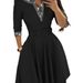 Elegant V-Neck Long Sleeve A-Line Dress With Waist Belt & Rhinestone Details – Women's Fall Winter Formal Office Dress_ecoleips.com