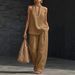 Plus Size Women's Halter Neck V-Neck Two-Piece Set Cotton Linen Blend Office Casual Outfit_ecoleips.com