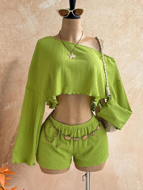 Women's Striped Asymmetrical Off-Shoulder Top And Shorts Set Long Sleeve European American Style_ecoleips.com