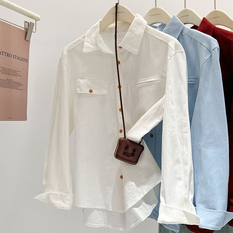 Oversized Denim Shirt Women Casual Long Sleeve Polo Collar Blouse, Flyaway Sleeves, Breathable Cotton Top For Work & Weekend (Blue/White/Red)_ecoleips.com
