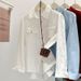 Oversized Denim Shirt Women Casual Long Sleeve Polo Collar Blouse, Flyaway Sleeves, Breathable Cotton Top For Work & Weekend (Blue/White/Red)_ecoleips.com