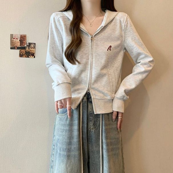 American-style Double-zipper Hooded Sweatshirt Women, Loose Fit, Korean Style, Thin, Short, Plus-size, Embroidered Top_ecoleips.com