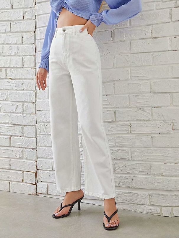 Women Jeans Solid Color High Waist Button Zipper Closure Lady Pants With Pockets Vintage Straight Pants Female Denim Trousers_ecoleips.com