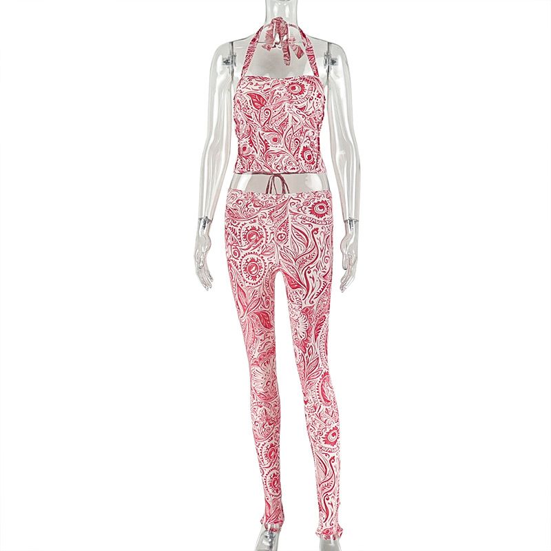 Women's European American Style Printed Bodycon Two Piece Set Halter Neck Top With Backless Feature Tight Long Pants_ecoleips.com