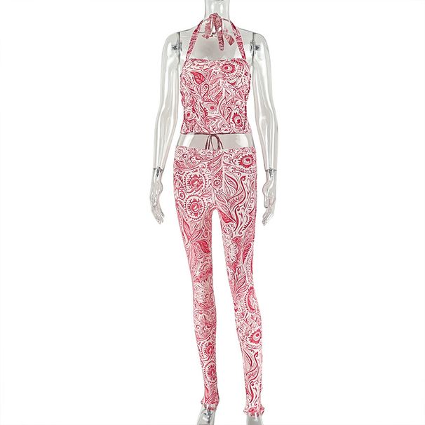 Women's European American Style Printed Bodycon Two Piece Set Halter Neck Top With Backless Feature Tight Long Pants_ecoleips.com