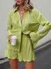 Women's Casual Solid Color Pleated Lapel Long Sleeve Top & 5-Point Shorts Set Comfort Outfit (XS/S/M/L/XL, Green)_ecoleips.com