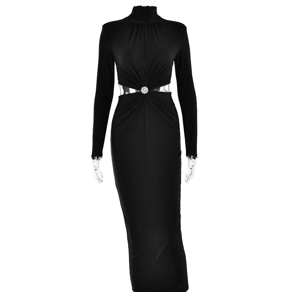 Women's Clothing Half High Collar Long Sleeved Stitching Dress Female Fashion Hot Sale Sexy Temperament Backless Pleated Long Skirt Winter_ecoleips.com