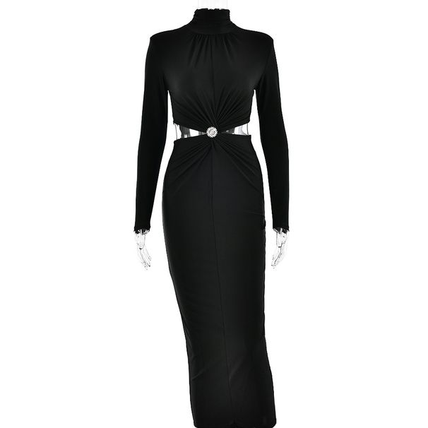 Women's Clothing Half High Collar Long Sleeved Stitching Dress Female Fashion Hot Sale Sexy Temperament Backless Pleated Long Skirt Winter_ecoleips.com