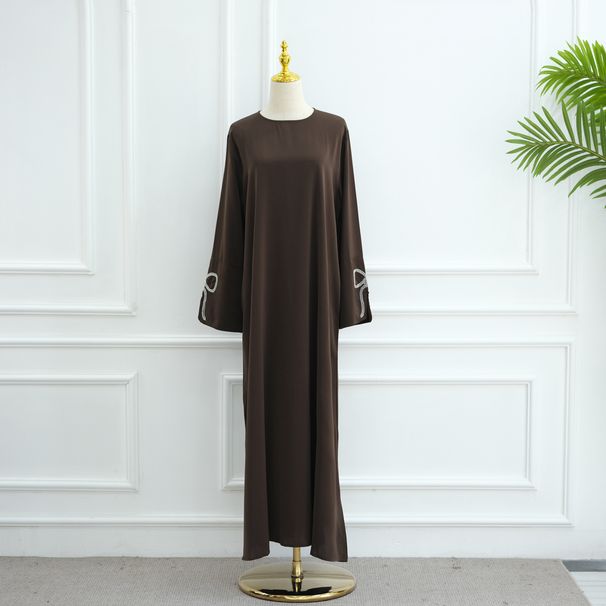 Muslim Dress Women Luxury Dubai Middle Eastern Bow Knot Beaded Sleeve Dress – Elegant Abaya Robe With Embellished Detailing_ecoleips.com