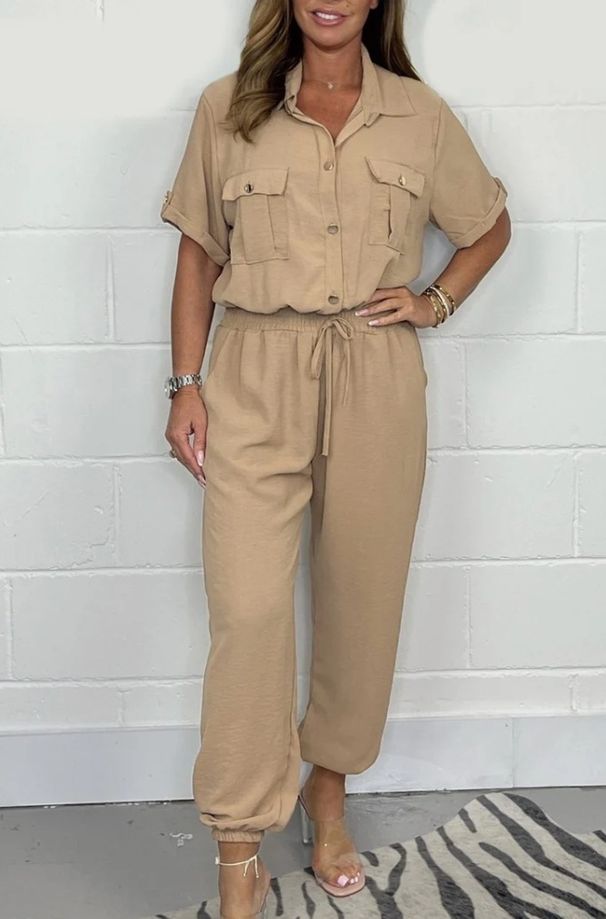 Women Casual Jumpsuit Elastic Waist Jumpsuit Stylish Women's Cargo Style Jumpsuit With Drawstring Waist Chest Pockets For Spring_ecoleips.com