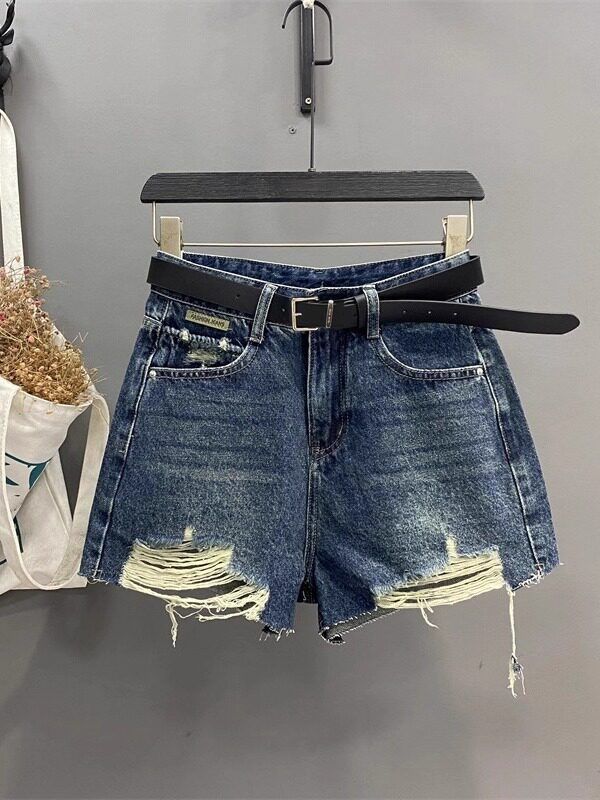 Dark Blue High-Waisted Washed Distressed Denim Shorts Women's Sexy Slimming Wide Leg Hot Pants Summer 2026 Arrival_ecoleips.com