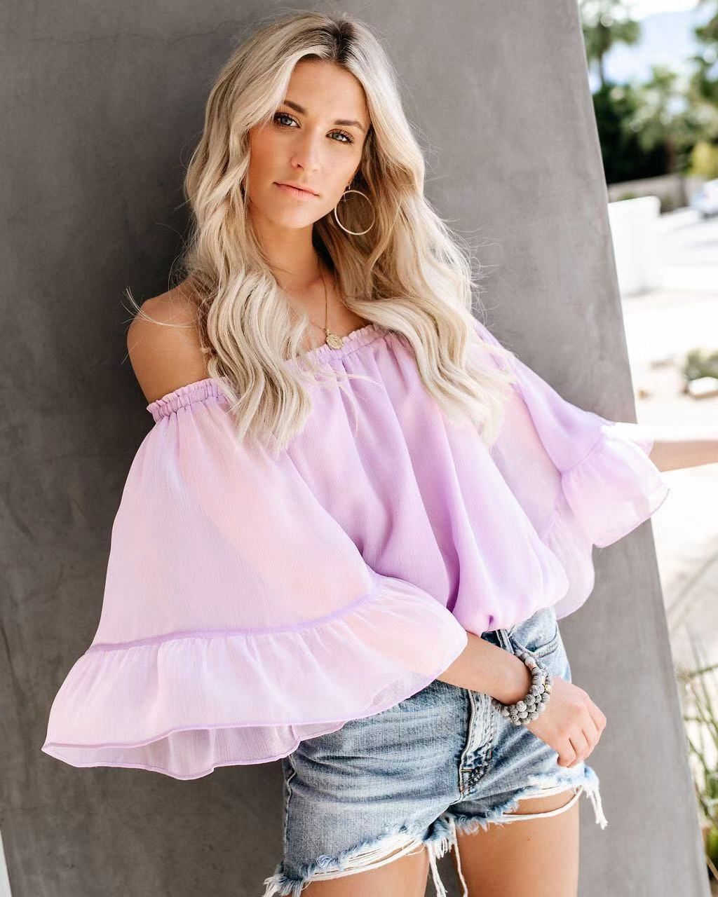 Women's Clothing Fashion Sexy New One Shoulder Loose Trumpet Sleeve Chiffon Shirt Female Tops Perspective_ecoleips.com