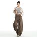 Aria Basics Autumn New American Retro Deconstructed Silhouette Scimitar Cargo Pants Women's Coffee Color Long Jeans_ecoleips.com