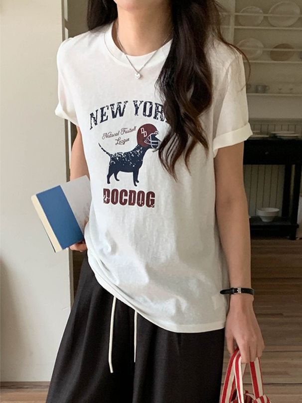 K Fun Cartoon Dog Print Round Neck Shoulder Short Sleeved T-shirt_ecoleips.com