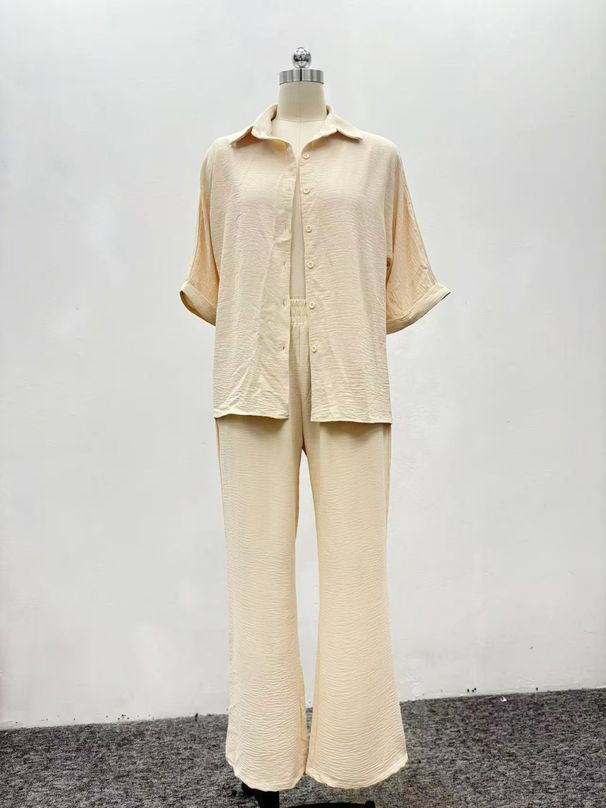 Women's Clothing Solid Color Cotton And Linen Mid Sleeve Shirt Straight Trousers_ecoleips.com