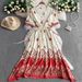 Women's Clothing Ethnic Retro Printed V Neck Short Sleeved Dress For Women In Summer With Drawstring Waist And Slimming Irregular Long Skirt_ecoleips.com