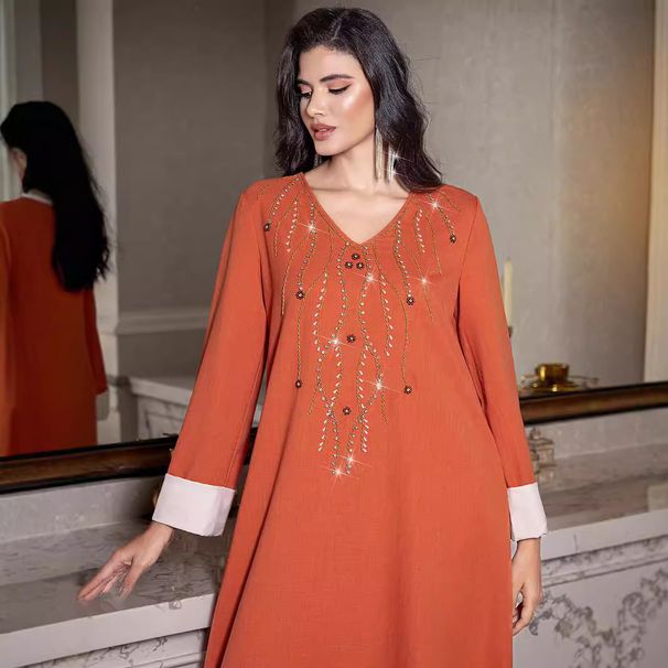 Women's Clothing Orange V Neck Loose Arabian Dress_ecoleips.com