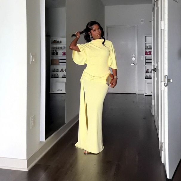 Elegant Backless Dress With High Slit & Off-Shoulder Neckline – Stretchy Polyester-Spandex Bodycon Dress For Women (Yellow, XS-XXXL)_ecoleips.com