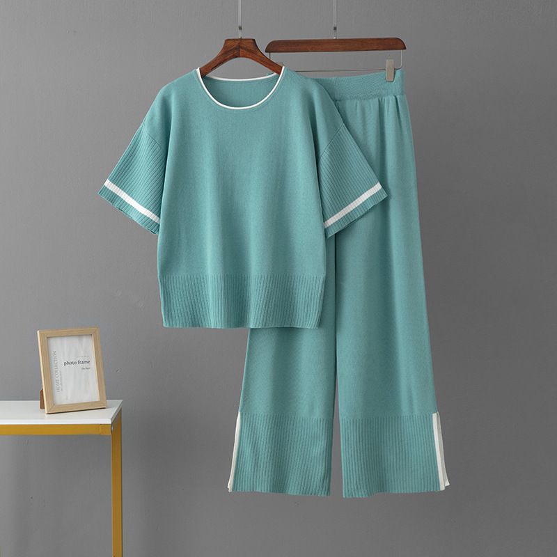 Summer Short Sleeve Color Block Sportswear Set for Women Casual Two-Piece Top And Slit Pants Cross-Border Style 2024_ecoleips.com