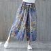2025 Summer New Elatic Wait Wide-Leg Skirt-Pant Printed Plu Size Nine-Point Ripped Ethnic Style Jean Wanderer_ecoleips.com
