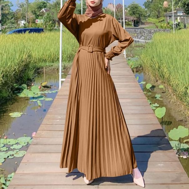 Women's Clothing temperament pleated skirt solid color simple style long sleeve waist slimming knee length skirt fashionable and elegant long skirt_ecoleips.com