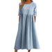 Spring And Summer Round-Neck 5-Quarter Sleeve Large-Sized Casual Loose Long Solid-Color Cotton And Linen Dress_ecoleips.com