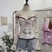 Women’s Clothing Real Shot Retro Oil Painting Print Lapel One Shoulder Twist Pleated Slim Fit Short Flared Long Sleeved Top_ecoleips.com