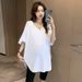 Simple And Fashionable Summer Clothes For Pregnant Women, New Solid Color V-neck Short Sleeved T-shirt, Pregnant Mother Mid To Long Length Top, Loose_ecoleips.com