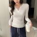 K2301V Neck Bottoming Shirt Women's Early Autumn Winter Threaded Slim-fitting T-shirt With Temperament Spice Girl Long-sleeved Top_ecoleips.com