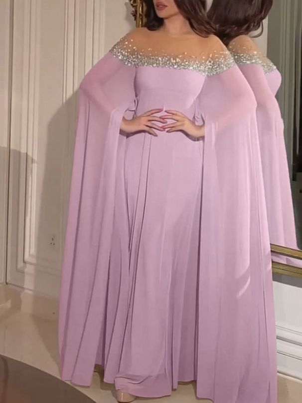 Women’s Clothing spring and summer new elegant sexy high waist rhinestone Pearl chiffon banquet evening dress_ecoleips.com