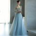 Elegant Banquet Evening Gown Long Sleeved French Style Tulle Blue Super Fairy Style Women's Party Wear For Annual Meeting Host Performance_ecoleips.com