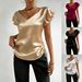 Satin Ruffle Top For Women V Neck Drawstring Design Fashion Women's Clothing_ecoleips.com