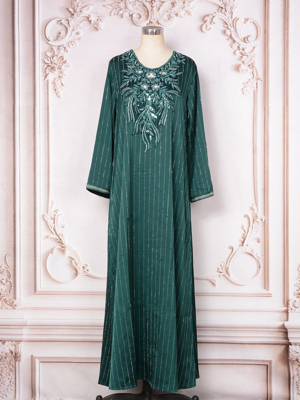 Muslim Dress Women Luxury Rhinestone Embellished Muslim Abaya – Elegant Middle Eastern & Western Fusion Dress_ecoleips.com