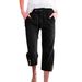 Women's High Waist Capri Pants Spring/Summer Solid Color Cotton Linen Loose Fit Drawstring Casual Trousers_ecoleips.com