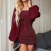Women Sexy Square Neck Drawstring Ruched Slim Fit Glitter Shimmer Bodycon Party Dress_ecoleips.com