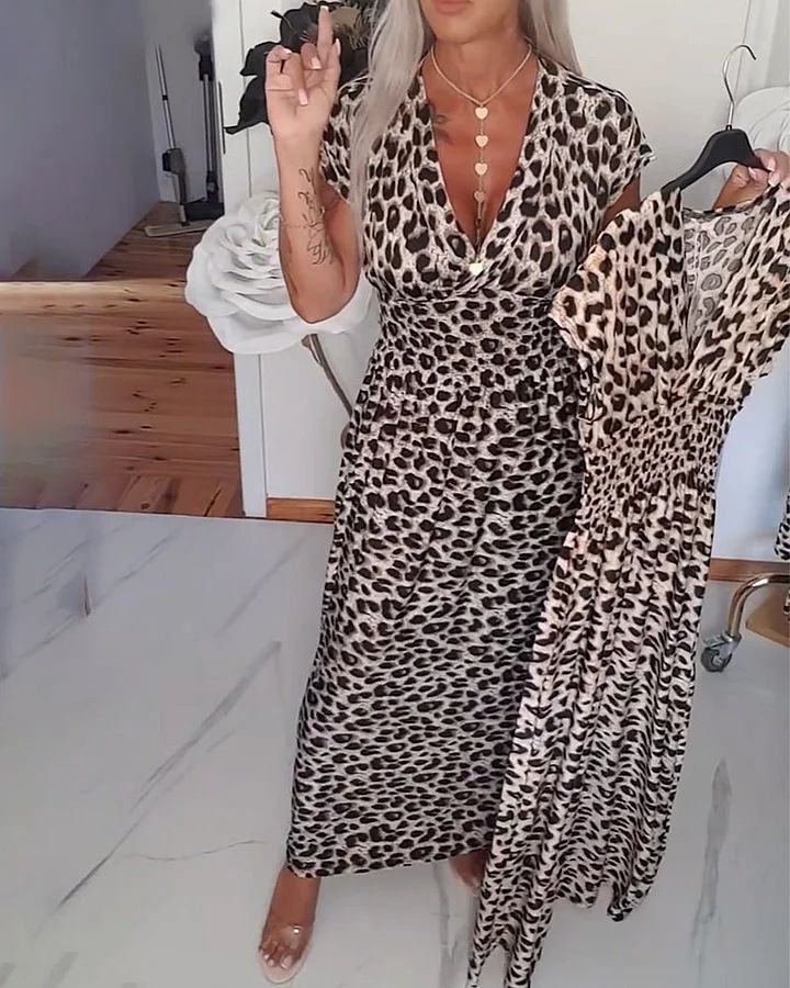 Women's Short-Sleeved Leopard Print Dress Spring 2026 Long Skirt Independent Website European And American Cross Border New Arrivals_ecoleips.com