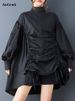 Oversized Shirring Vintage Dresses For Women Spring Autumn New Long Sleeve Stand Collar Loose Casual Dress Fashion Clothing 2025_ecoleips.com