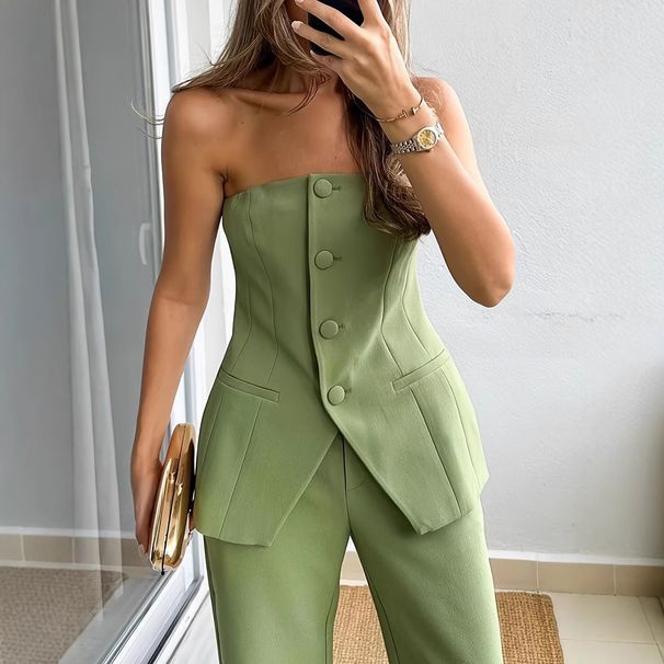 Women's Clothing Spring New Casual Fashion Tube Top Button Suit Simple Temperament Suit_ecoleips.com