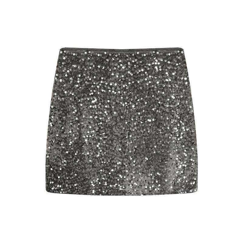 Verve Trendy Sexy Gray Midi For Women Summer Tight Elastic Sequin Bodycon High Waist A-line Short Skirt_ecoleips.com