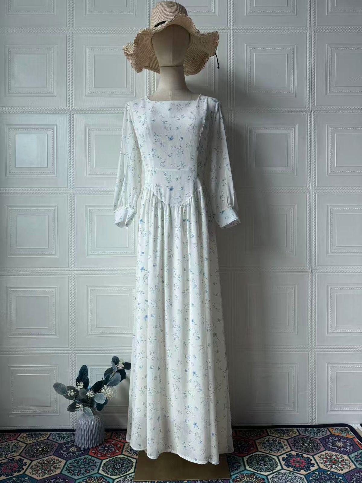 Elegant Floral Print Long Dress Square Neck Lace Up Sophisticated Style European American Women's Clothing Cinching Waist Design_ecoleips.com