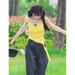 Dopamine Yellow Camisole For Women, Unique Design, Summer Hot Girl Pure Desire Style, Short Knitted T-Shirt Top_ecoleips.com