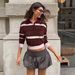 European And American Style Retro Color-block Striped Polo Collar Knit Top For Women, Long-sleeved, Short, Slim-fit,_ecoleips.com