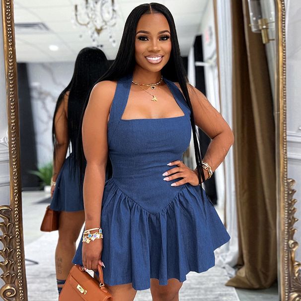 Denim-Look Halter Neck Bodycon Mini Dress, Cowl Back A-Line Short Dress For Women, Stretchy Sexy Casual Streetwear Outfit_ecoleips.com