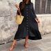 Women's Pure Black Button Down Shirt Collar Dress Casual Loose Full Skirt Autumn Middle East Style_ecoleips.com