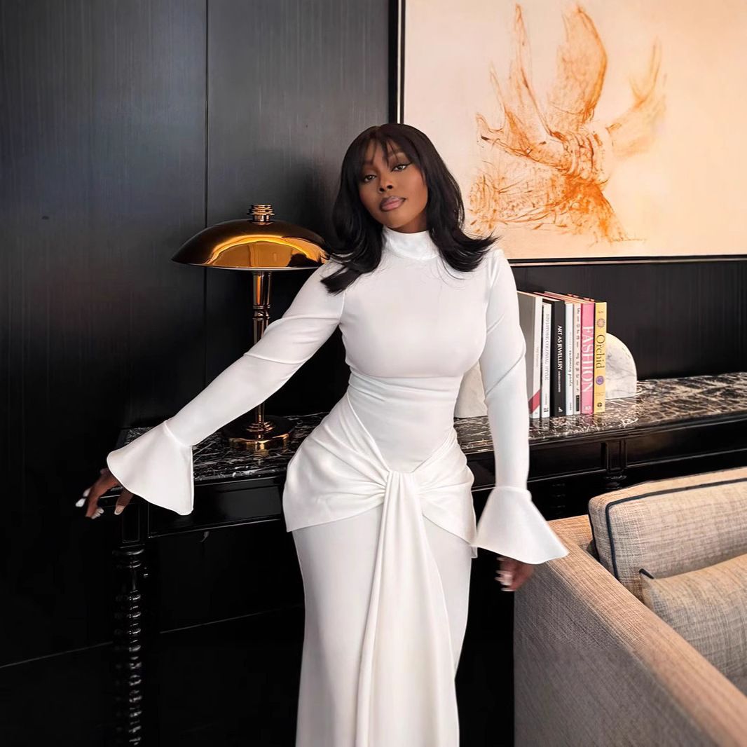 Elegant Solid Color Long Sleeve Dress With Tie Belt, Flowy Sash For A Chic And Sensational Look_ecoleips.com