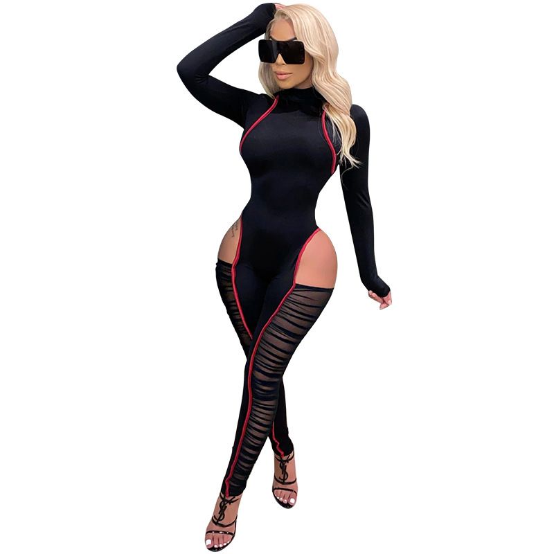 Women's Mesh Panel Jumpsuit – Sexy Cutout Bodycon Romper With Contrast Color Blocking_ecoleips.com