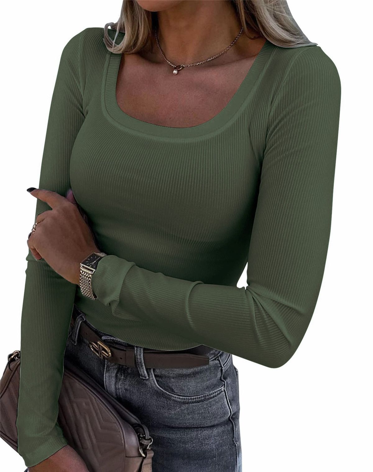 Women's Clothing Long Sleeved Slim Elastic Round Neck Ribbed T Shirt Casual Basic Tops_ecoleips.com