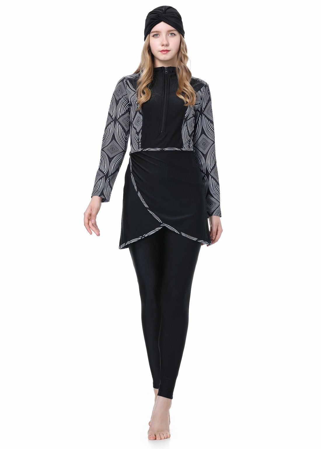 Muslim Women's Conservative Patchwork Swimsuit Three Piece Set With Hood_ecoleips.com